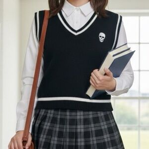 Hot Topic Black V-Neck Sweater Vest with Skull Detail